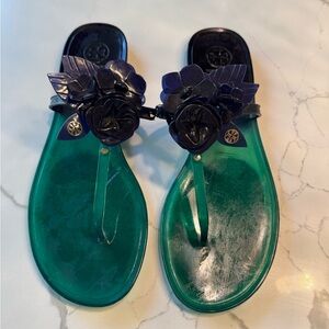 Tory Burch Green Purple Floral Jelly Sandals